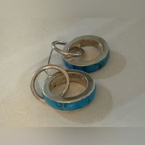 Vintage southwestern Sterling silver Mexican hoop earrings inlay turquoise